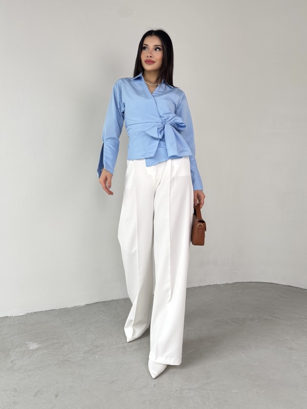 GML-10256 Mavi Bel Bağlamalı Poplin Kumaş Tasarım Gömlek