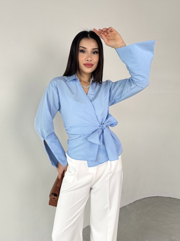 GML-10256 Mavi Bel Bağlamalı Poplin Kumaş Tasarım Gömlek