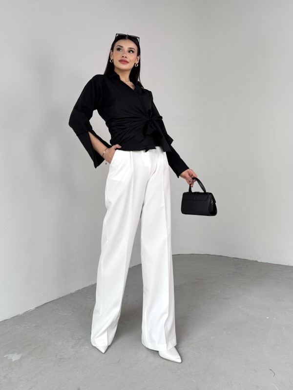 GML-10256 Siyah Bel Bağlamalı Poplin Kumaş Tasarım Gömlek