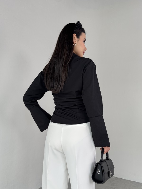 GML-10256 Siyah Bel Bağlamalı Poplin Kumaş Tasarım Gömlek