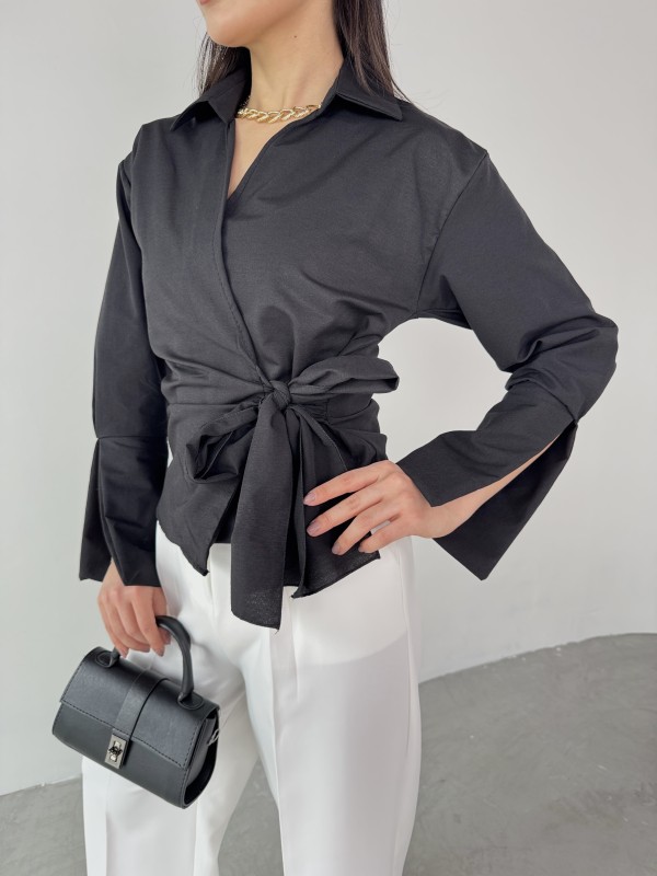 GML-10256 Siyah Bel Bağlamalı Poplin Kumaş Tasarım Gömlek