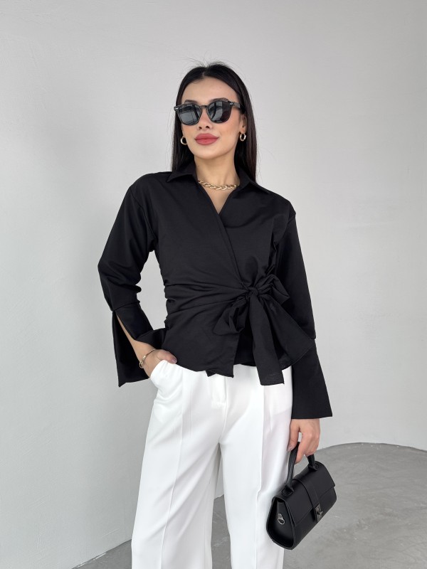 GML-10256 Siyah Bel Bağlamalı Poplin Kumaş Tasarım Gömlek
