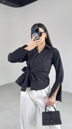 Cappmoda - GML-10256 Siyah Bel Bağlamalı Poplin Kumaş Tasarım Gömlek (1)