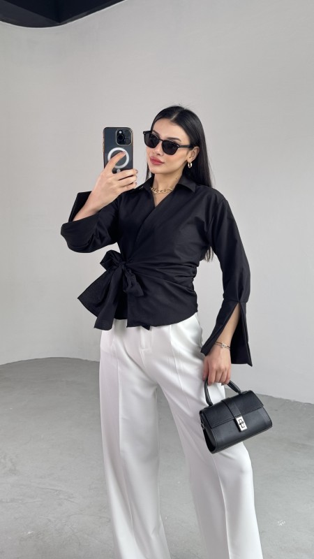 GML-10256 Siyah Bel Bağlamalı Poplin Kumaş Tasarım Gömlek