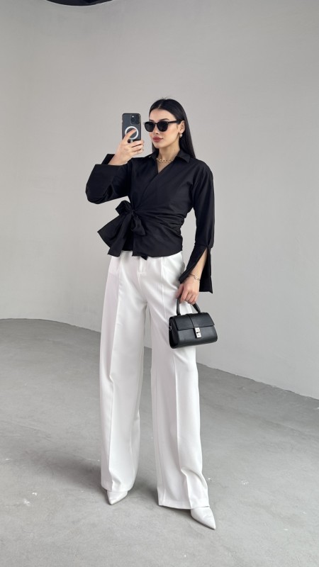 GML-10256 Siyah Bel Bağlamalı Poplin Kumaş Tasarım Gömlek