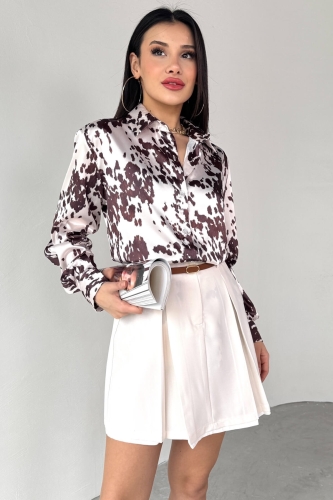 GML-10258 Beyaz Eskitme Desenli Saten Gömlek - 1