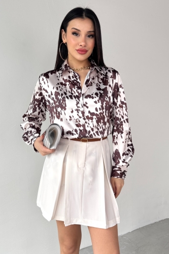 GML-10258 Beyaz Eskitme Desenli Saten Gömlek - 4