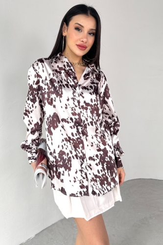 GML-10258 Beyaz Eskitme Desenli Saten Gömlek - 6