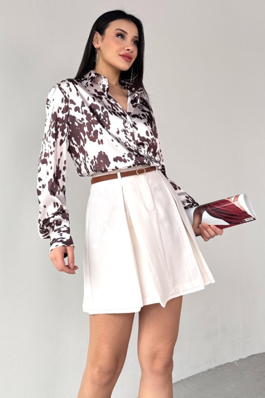 GML-10258 Beyaz Eskitme Desenli Saten Gömlek - 2
