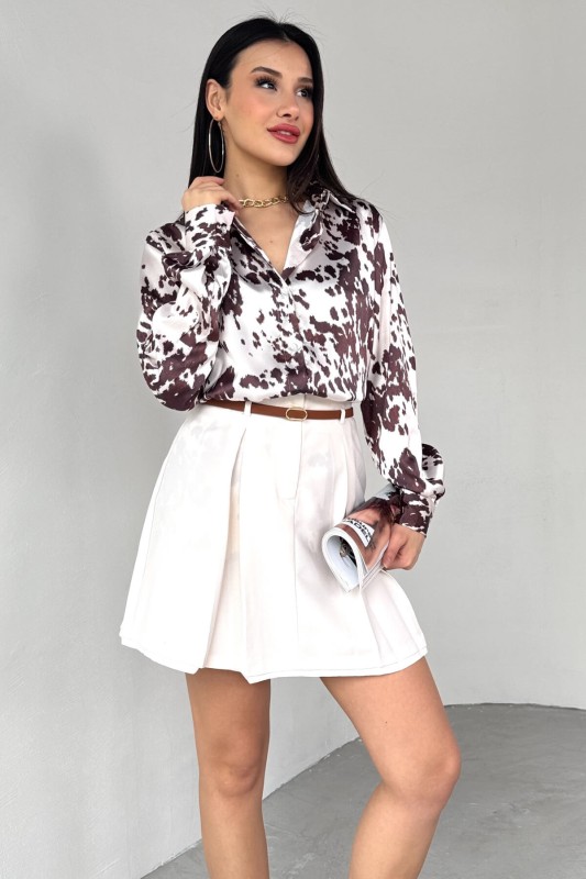 GML-10258 Beyaz Eskitme Desenli Saten Gömlek - 7