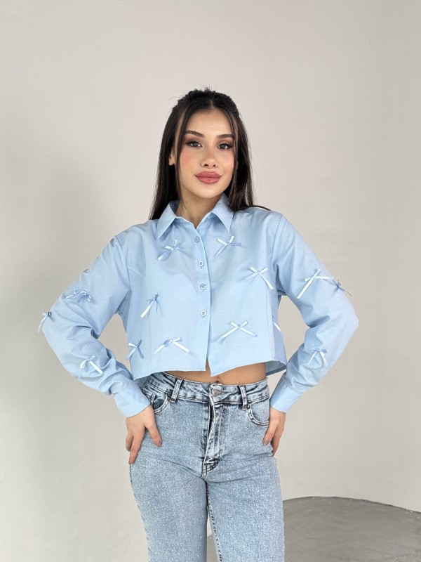 GML-10257 Mavi Fiyonk Bağlamalı Uzun Kol Tasarım Gömlek