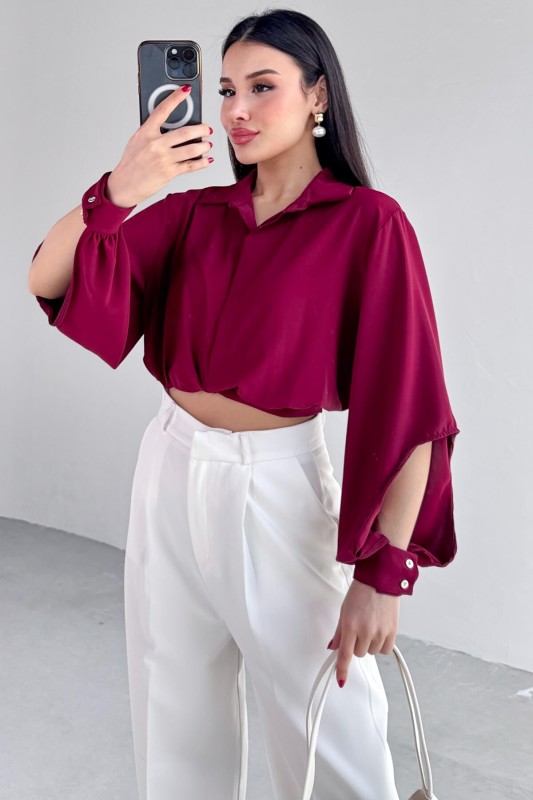 GML-10259 Bordo Gizli Düğmeli Bel Bağlamalı Kol Manşet Gömlek