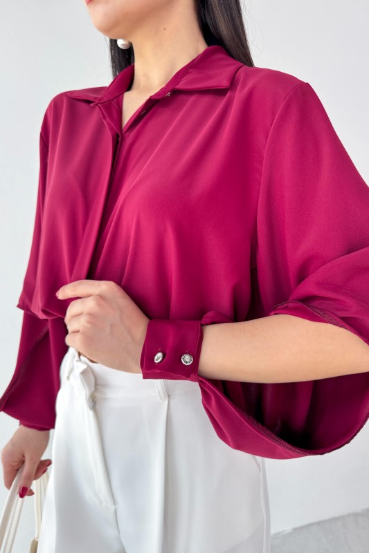 GML-10259 Bordo Gizli Düğmeli Bel Bağlamalı Kol Manşet Gömlek