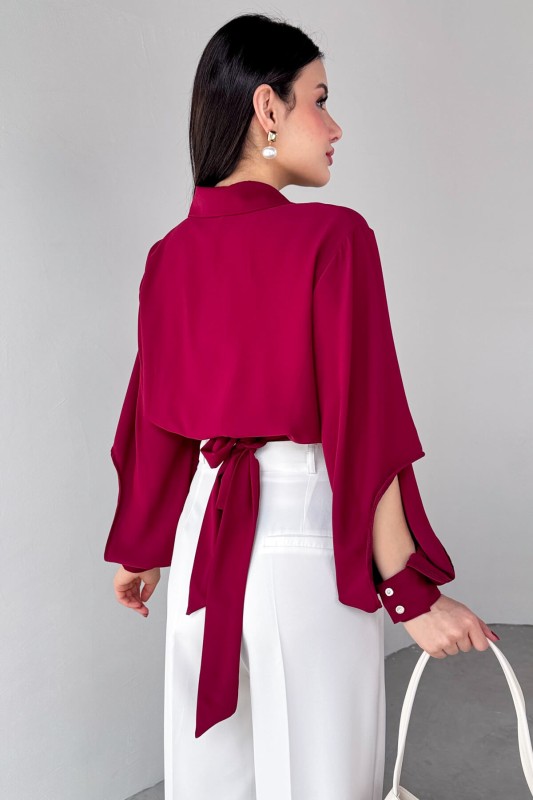 GML-10259 Bordo Gizli Düğmeli Bel Bağlamalı Kol Manşet Gömlek
