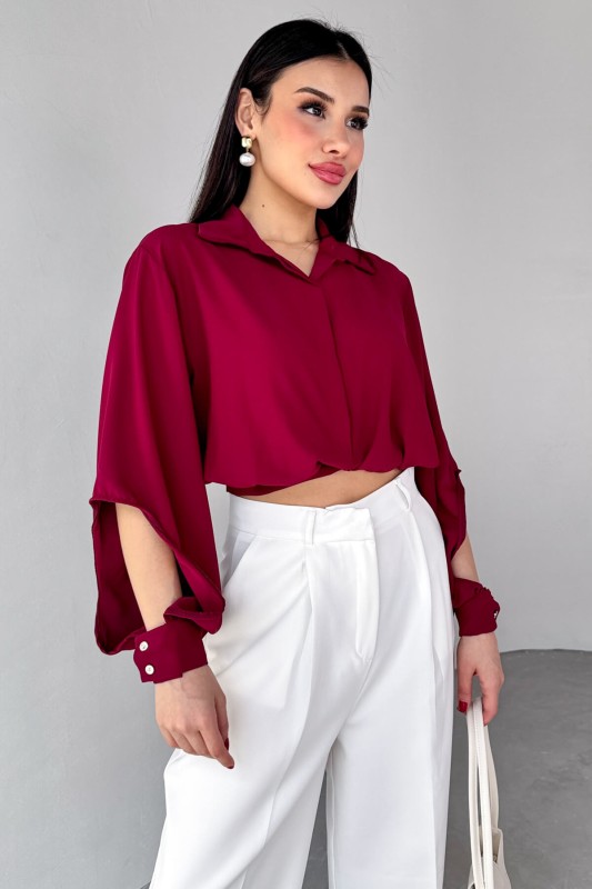 GML-10259 Bordo Gizli Düğmeli Bel Bağlamalı Kol Manşet Gömlek