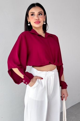 Cappmoda - GML-10259 Bordo Gizli Düğmeli Bel Bağlamalı Kol Manşet Gömlek (1)