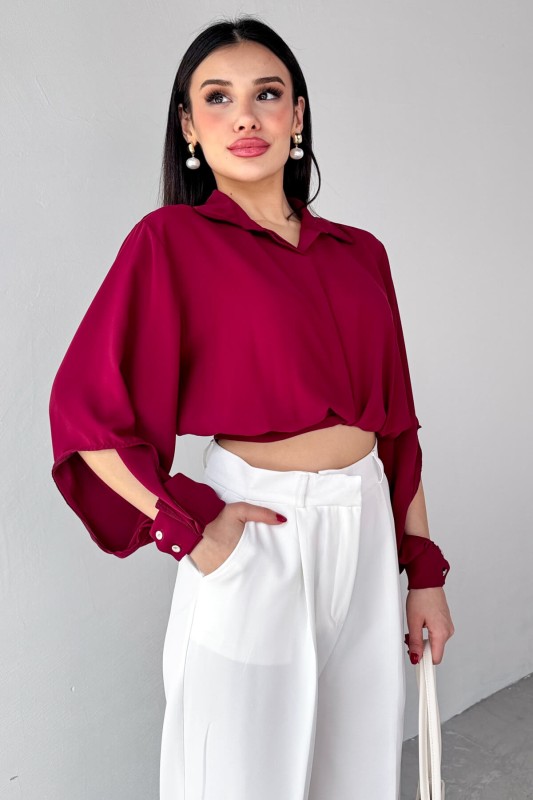 GML-10259 Bordo Gizli Düğmeli Bel Bağlamalı Kol Manşet Gömlek