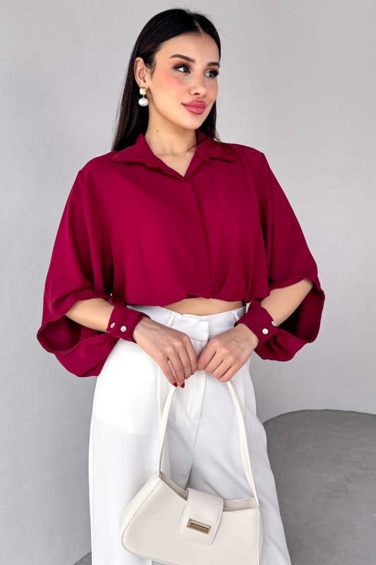 GML-10259 Bordo Gizli Düğmeli Bel Bağlamalı Kol Manşet Gömlek