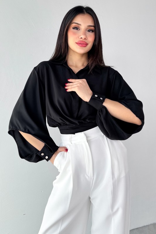 GML-10259 Siyah Gizli Düğmeli Bel Bağlamalı Kol Manşet Gömlek