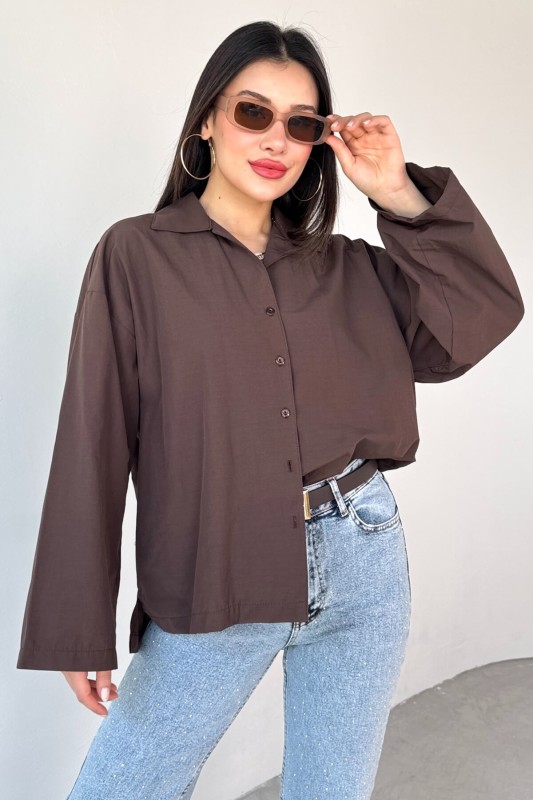GML-10260 Kahverengi Ceket Yaka Geniş Kollu Gömlek