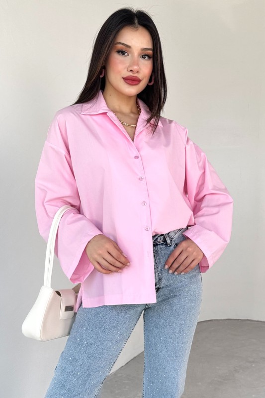 GML-10260 Pembe Ceket Yaka Geniş Kollu Gömlek