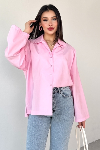 Cappmoda - GML-10260 Pembe Ceket Yaka Geniş Kollu Gömlek (1)