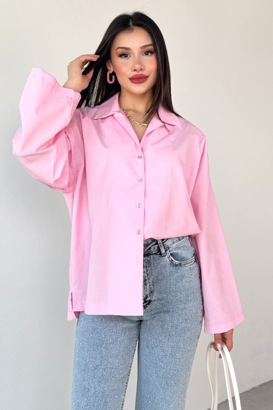 GML-10260 Pembe Ceket Yaka Geniş Kollu Gömlek