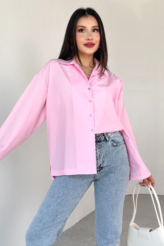 GML-10260 Pembe Ceket Yaka Geniş Kollu Gömlek