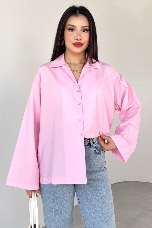 GML-10260 Pembe Ceket Yaka Geniş Kollu Gömlek