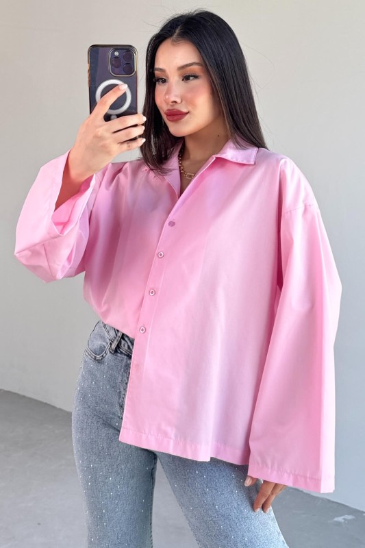 GML-10260 Pembe Ceket Yaka Geniş Kollu Gömlek