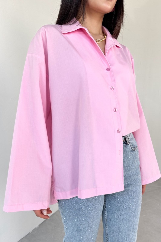 GML-10260 Pembe Ceket Yaka Geniş Kollu Gömlek