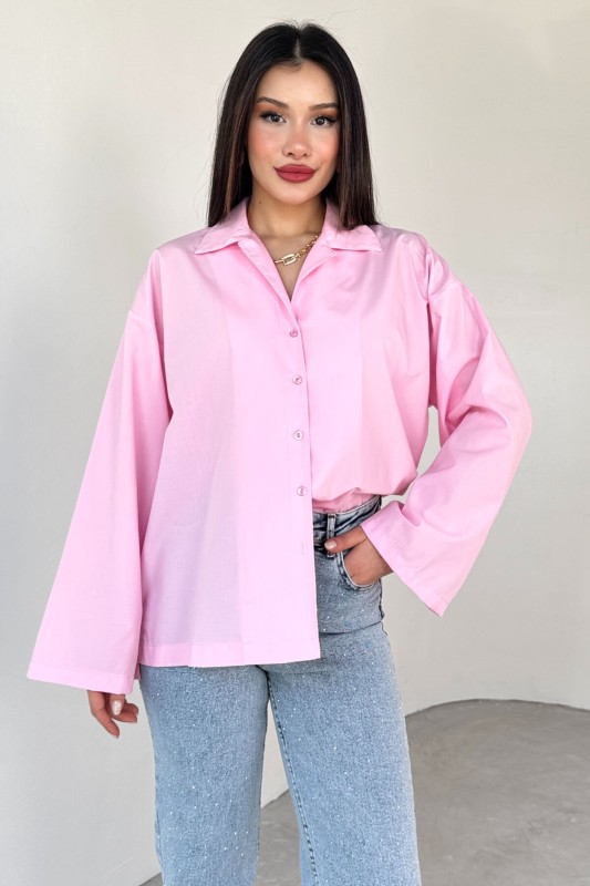 GML-10260 Pembe Ceket Yaka Geniş Kollu Gömlek