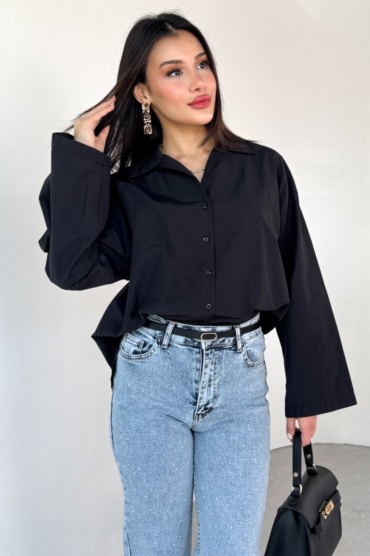 GML-10260 Siyah Ceket Yaka Geniş Kollu Gömlek