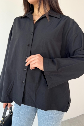Cappmoda - GML-10260 Siyah Ceket Yaka Geniş Kollu Gömlek (1)