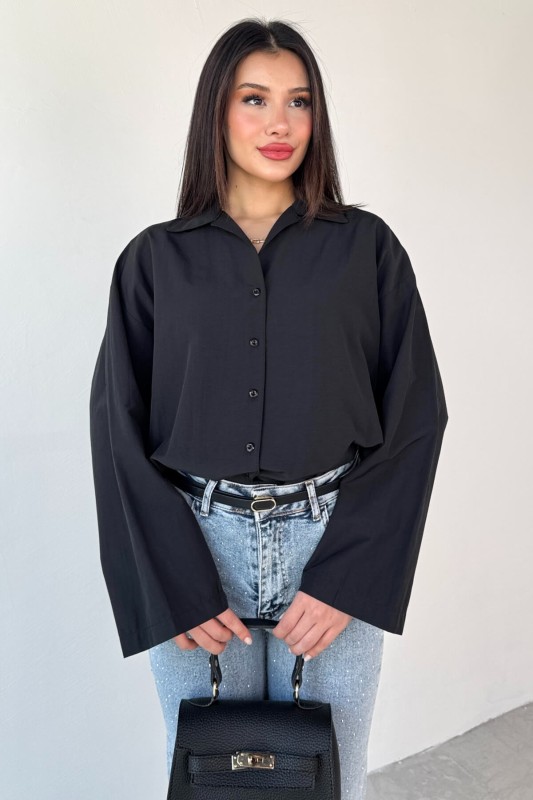 GML-10260 Siyah Ceket Yaka Geniş Kollu Gömlek