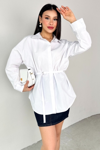 Cappmoda - GML-10261 Beyaz Kuşak Detaylı Gömlek (1)