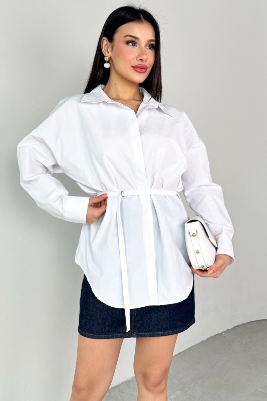 GML-10261 Beyaz Kuşak Detaylı Gömlek
