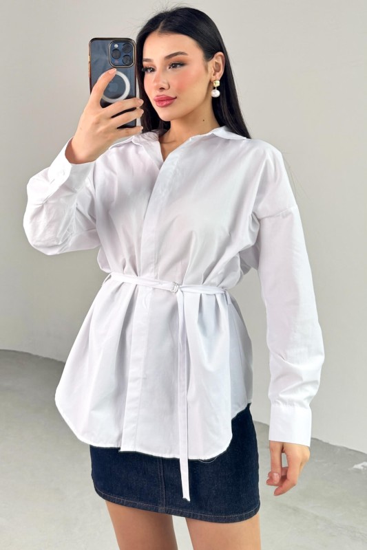 GML-10261 Beyaz Kuşak Detaylı Gömlek