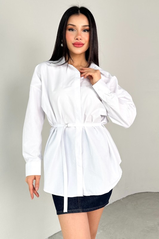 GML-10261 Beyaz Kuşak Detaylı Gömlek