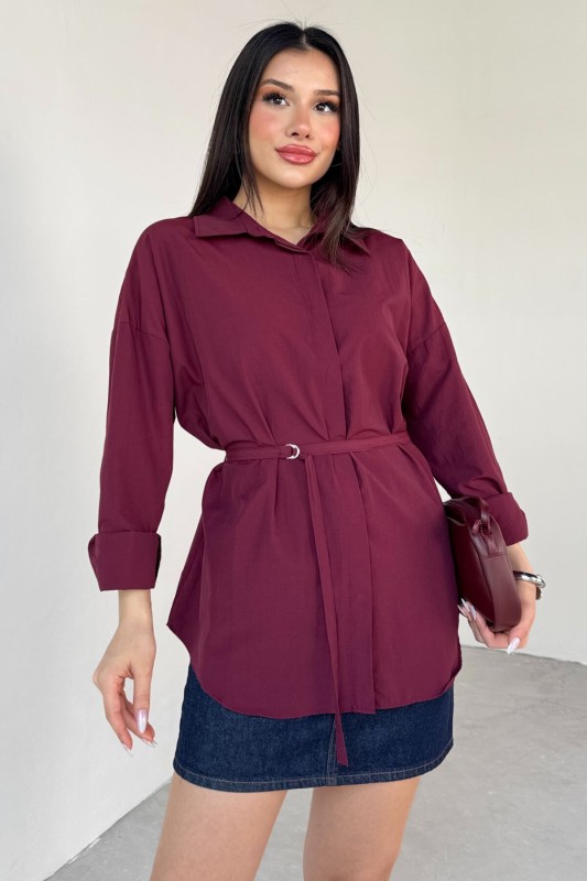 GML-10261 Bordo Kuşak Detaylı Gömlek