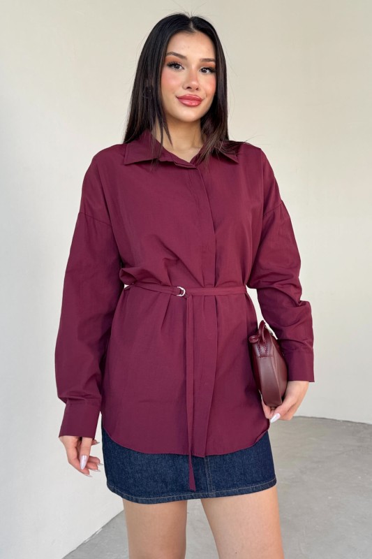 GML-10261 Bordo Kuşak Detaylı Gömlek