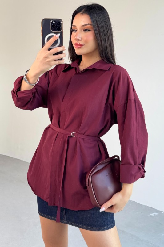 GML-10261 Bordo Kuşak Detaylı Gömlek