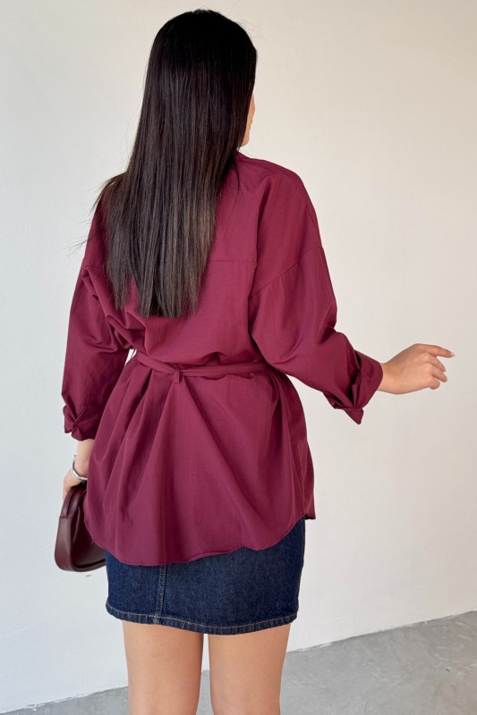 GML-10261 Bordo Kuşak Detaylı Gömlek