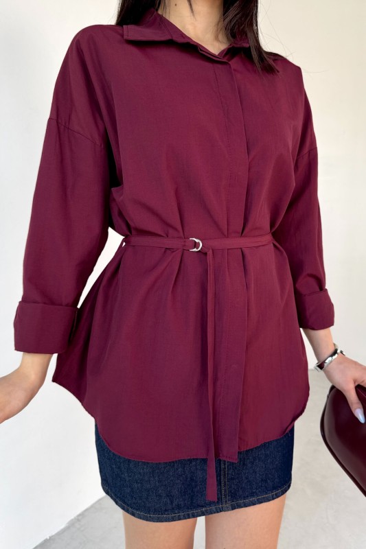 GML-10261 Bordo Kuşak Detaylı Gömlek