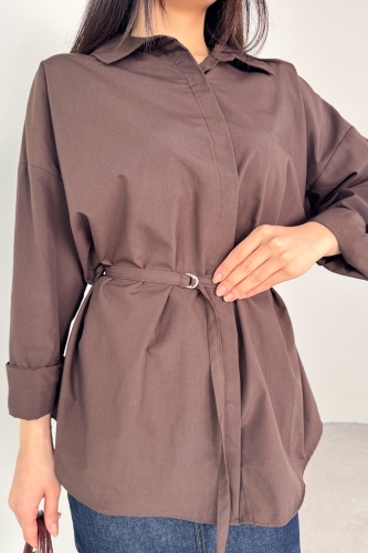 Cappmoda - GML-10261 Kahverengi Kuşak Detaylı Gömlek (1)