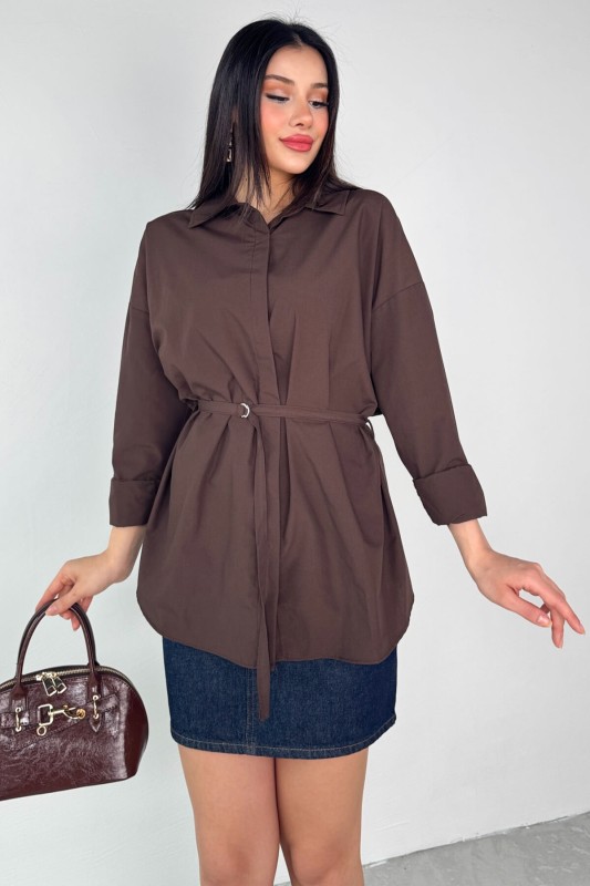 GML-10261 Kahverengi Kuşak Detaylı Gömlek