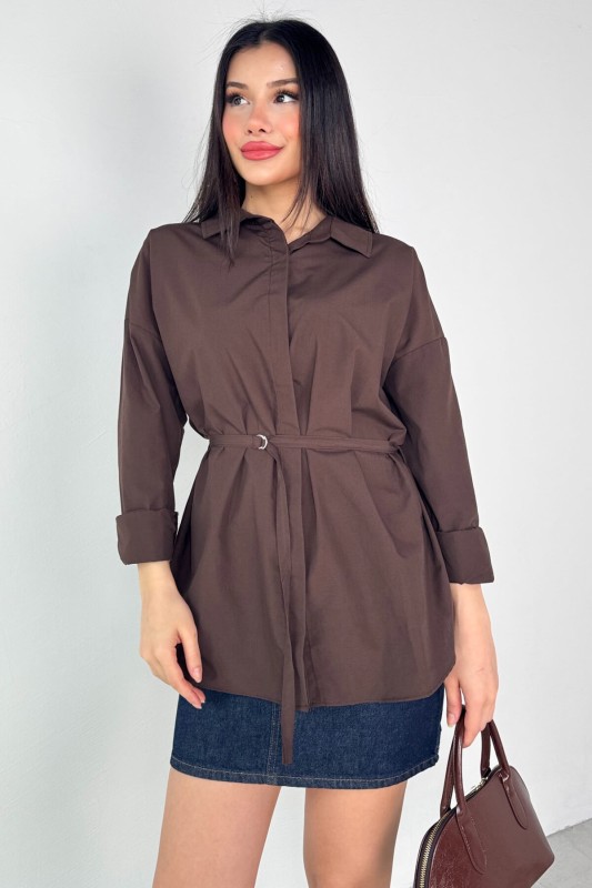 GML-10261 Kahverengi Kuşak Detaylı Gömlek