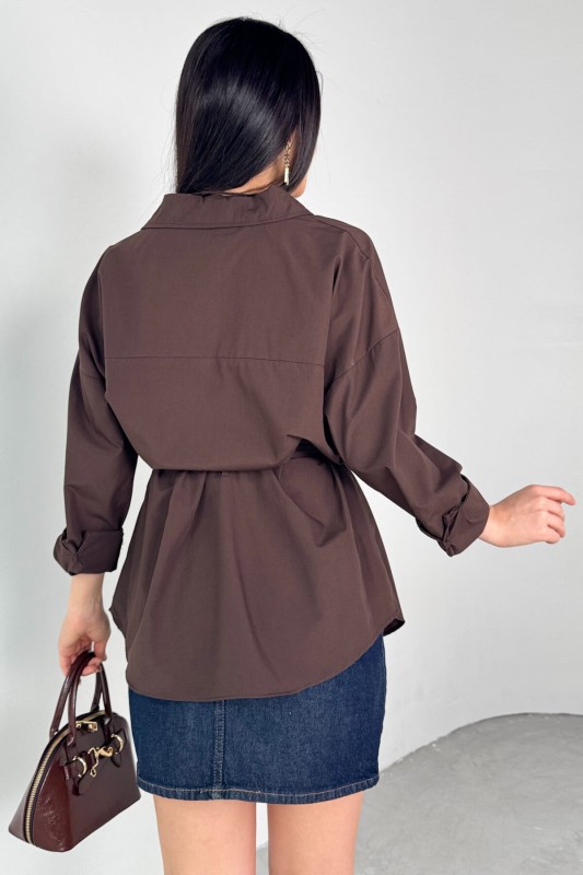GML-10261 Kahverengi Kuşak Detaylı Gömlek