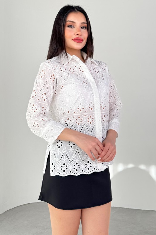 GML-10262 Beyaz Gizli Düğmeli Oversize Dantel Gömlek