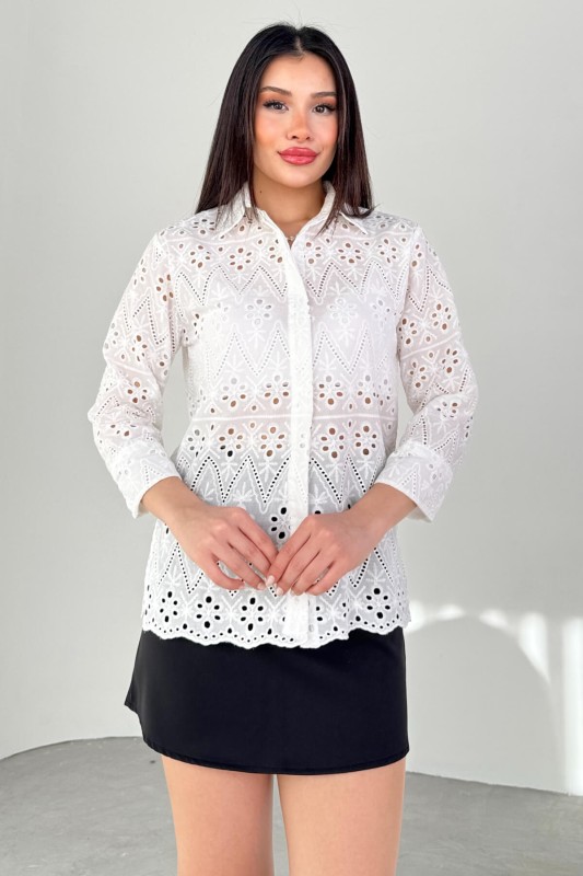 GML-10262 Beyaz Gizli Düğmeli Oversize Dantel Gömlek